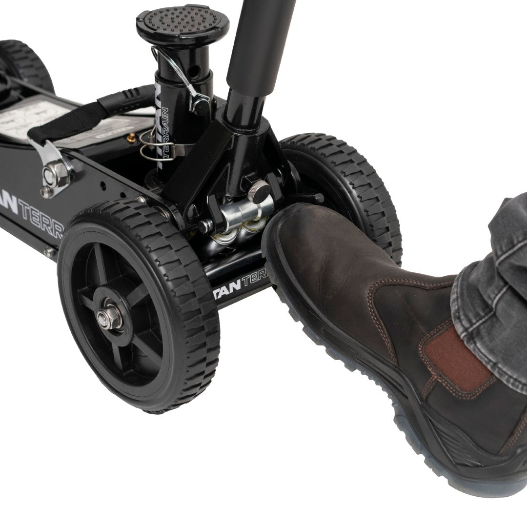 Man flicking Titan Terrain Floor Jack Lever lock with foot