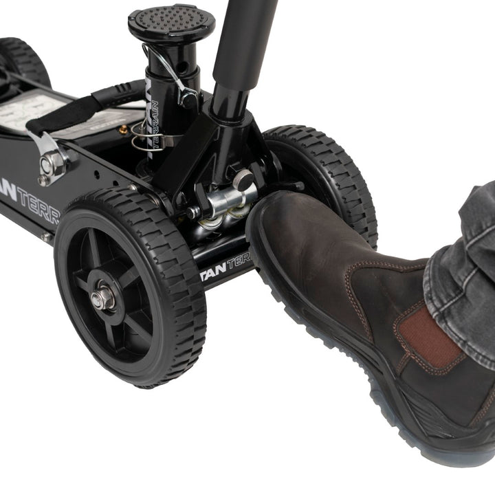 Man flicking Titan Terrain Floor Jack Lever lock with foot