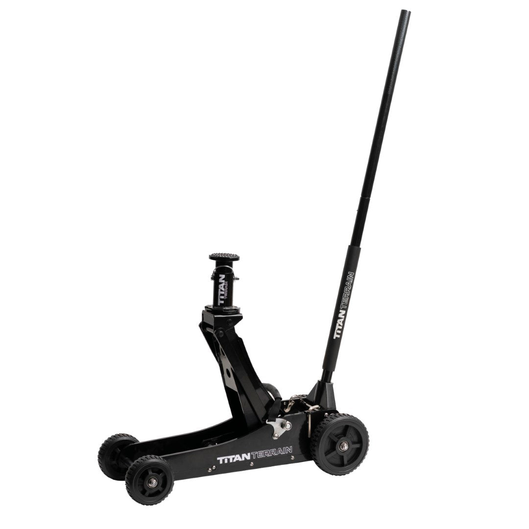 Full body angled view of Titan Terrain rugged off-road floor jack at max extension