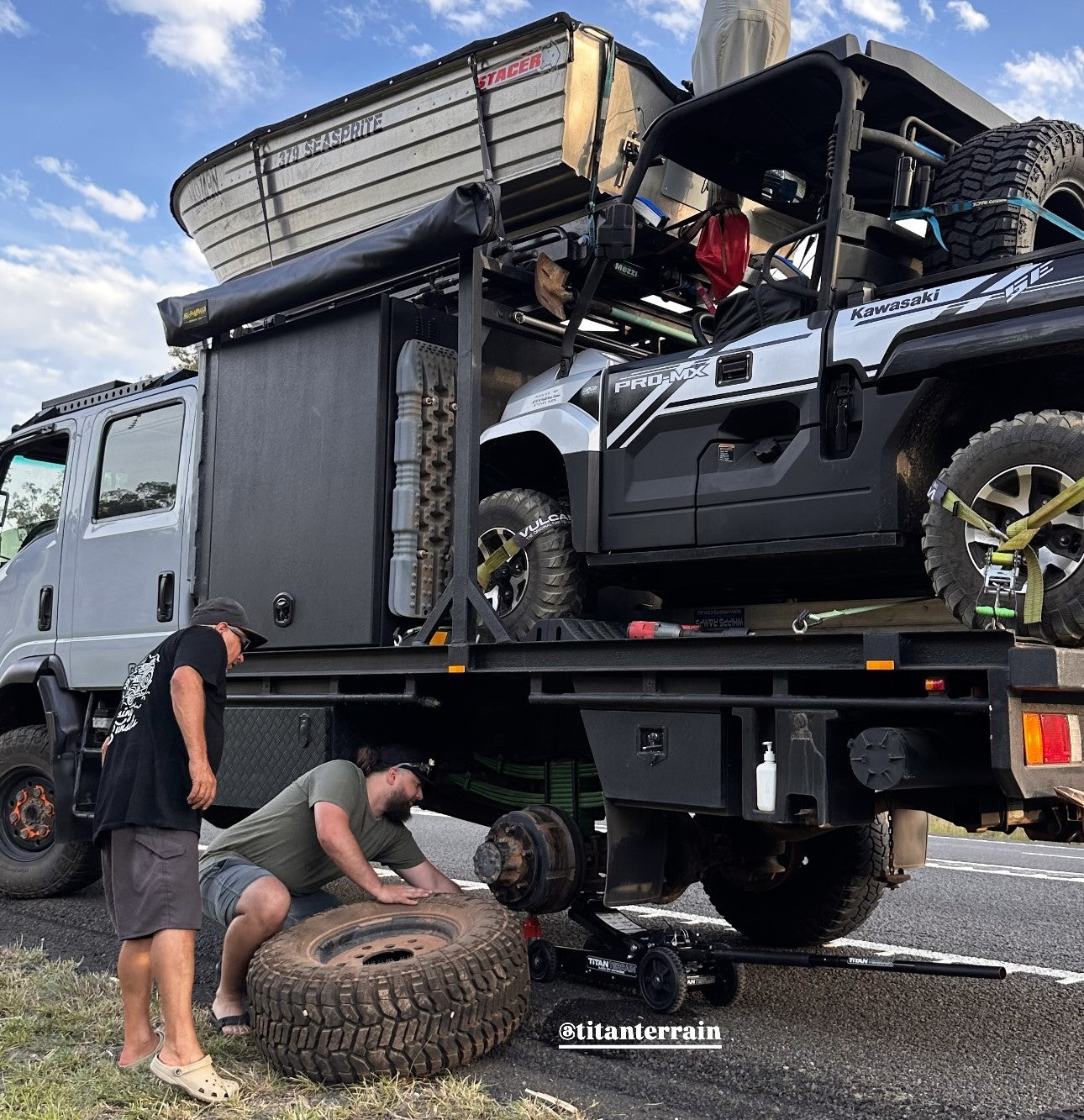Titan Terrain rugged off-road floor jack lifting up loaded medium truck