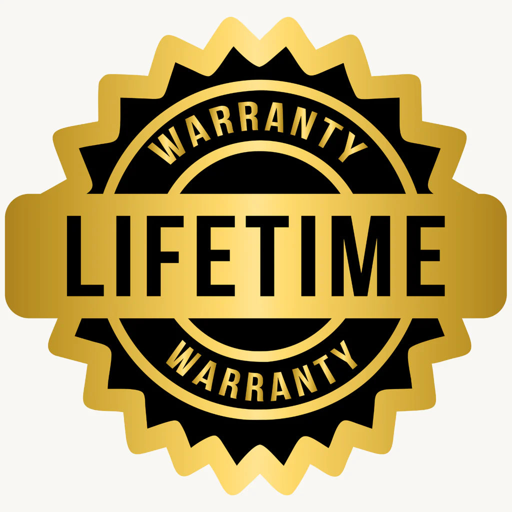 Gold and black 'Lifetime Warranty' stamp on a white background