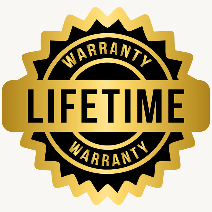Gold and black 'Lifetime Warranty' stamp on a white background