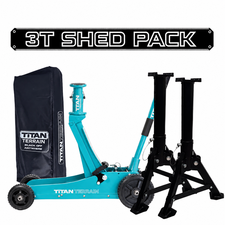 TITAN TERRAIN 3T Shed Jack Pack - Includes 3000KG Jack, Jack Stand Pair, Cover Bag