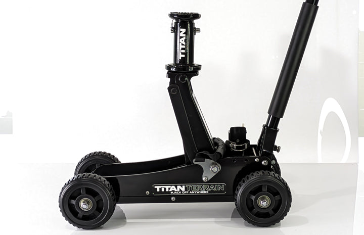 Angle view of titan terrain rugged floor jack at max extension