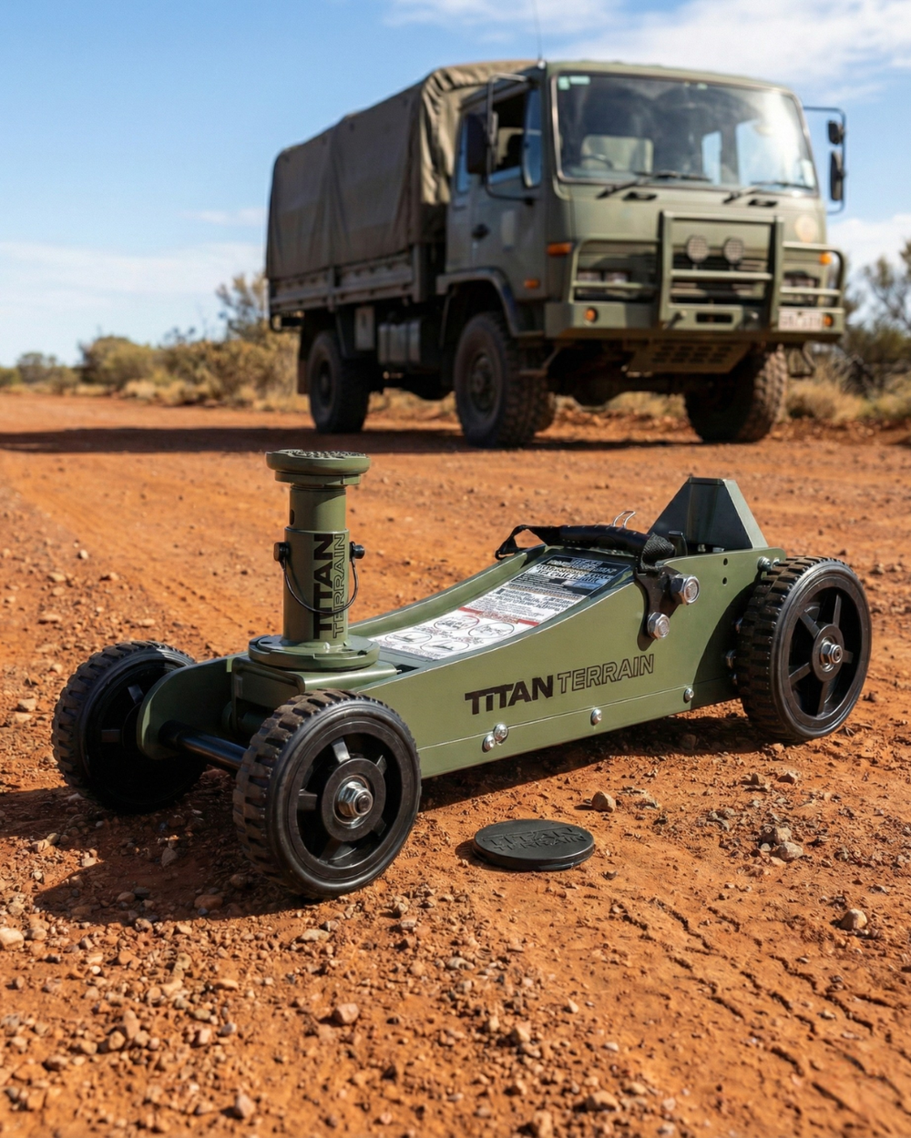 Titan Terrain 3 tonne rugged floor jack in army green
