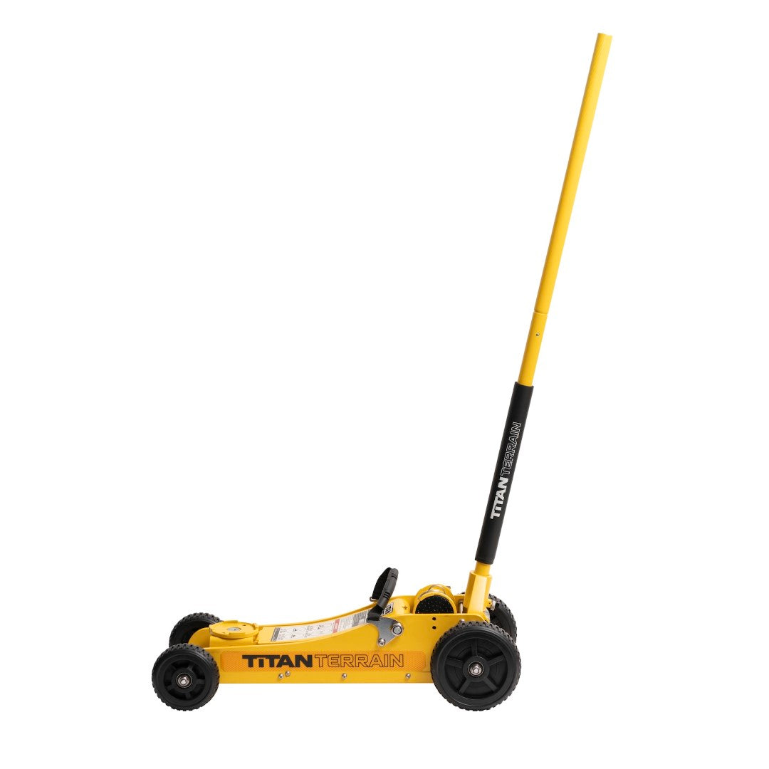 Titan Terrain 3 tonne rugged floor jack in hi-vis yellow