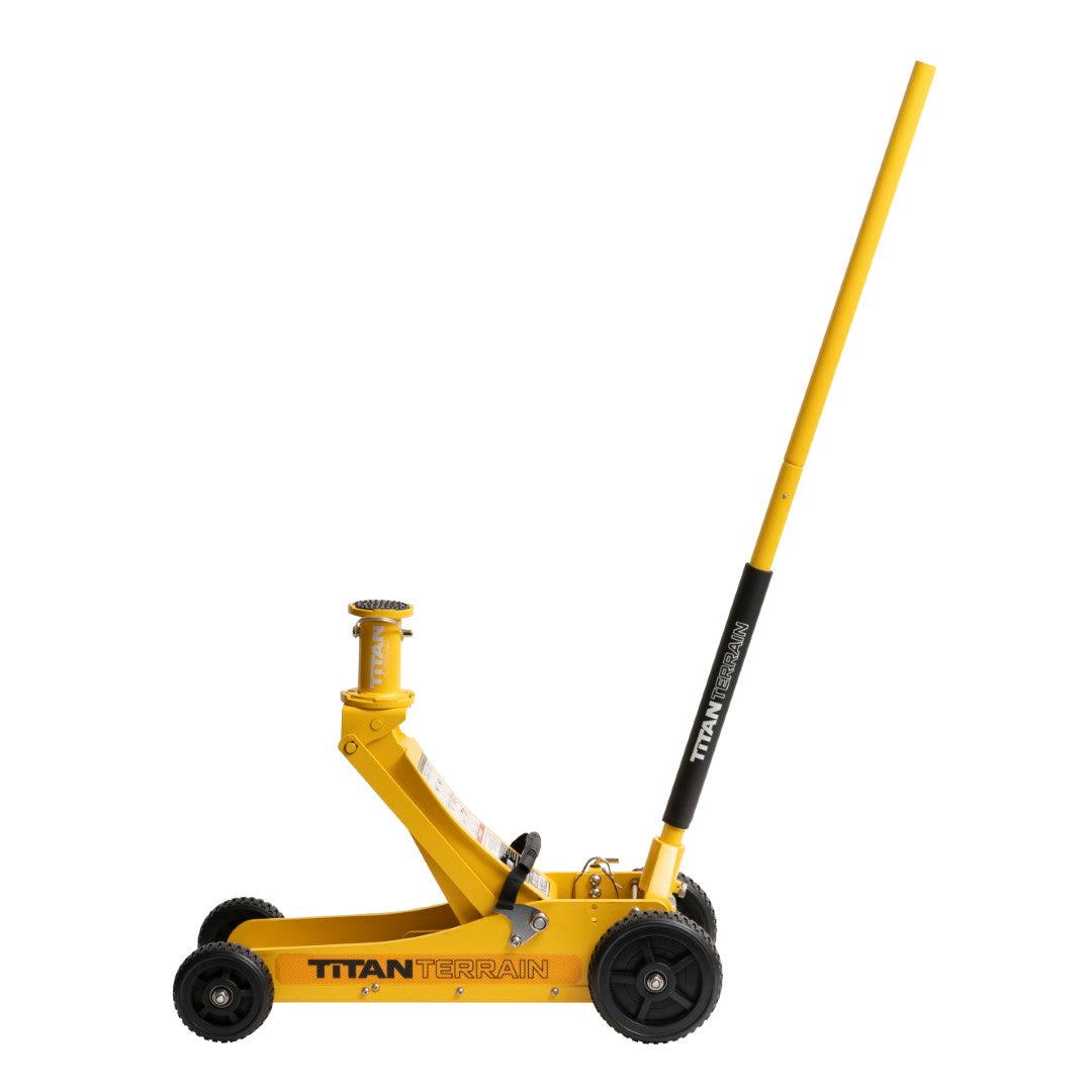 Titan Terrain 3 tonne rugged floor jack in hi-vis yellow