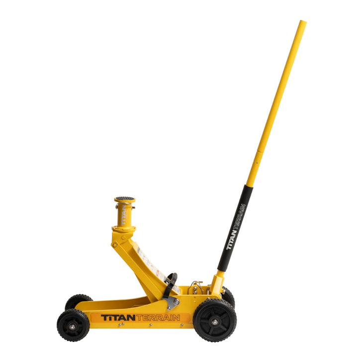 Titan Terrain 3 tonne rugged floor jack in hi-vis yellow