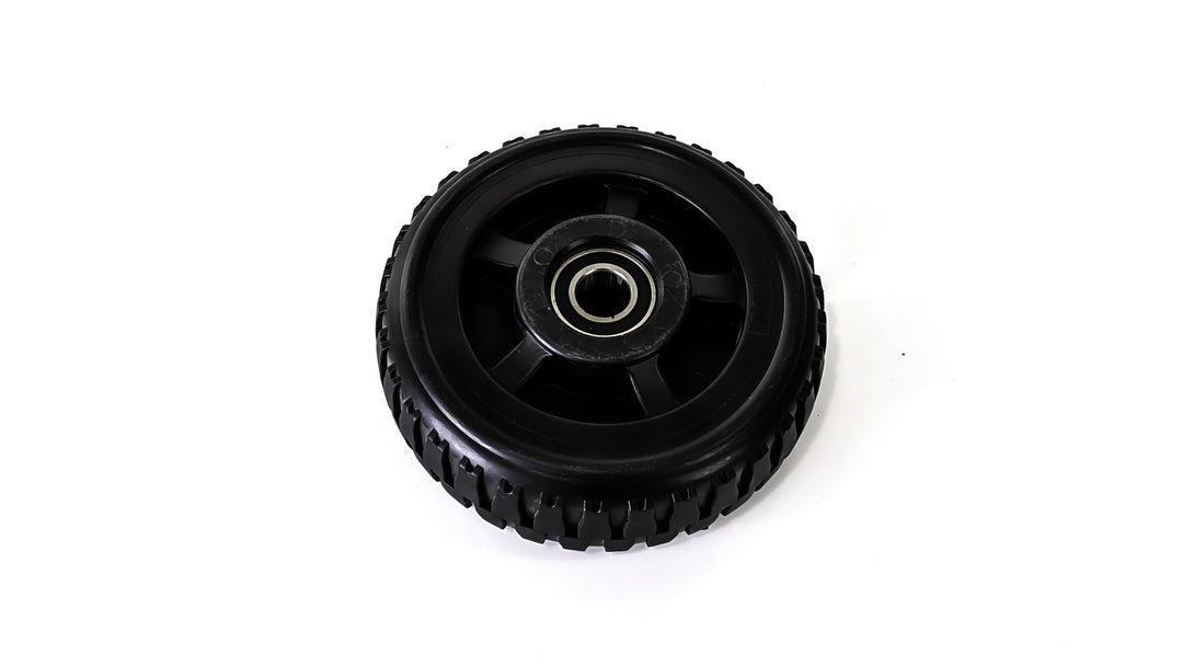 A black solid nylon construction replacement front wheel for a Titan Terrain rugged floor jack.