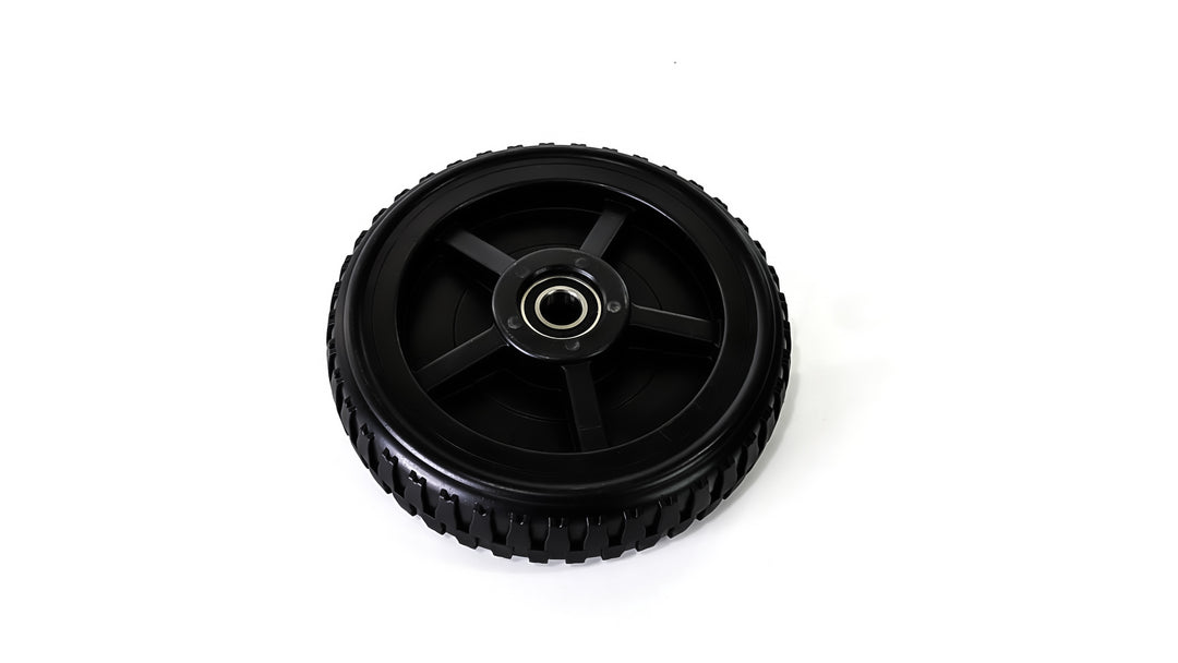 A black replacement rear wheel for the Titan Terrain rugged floor jack