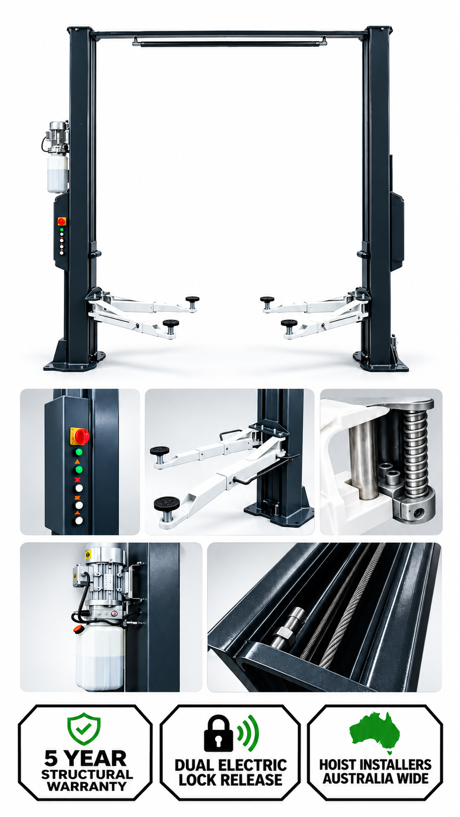 TTN Industrial 4.5 tonne 2-post car hoist with dual electric lock release