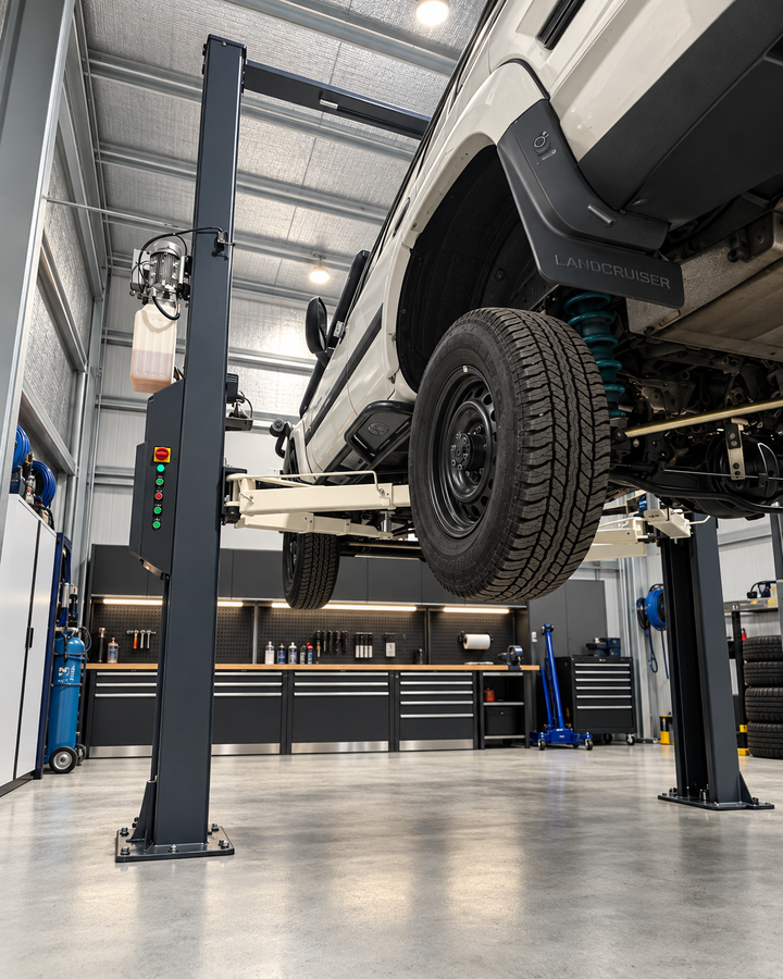 TTN Industrial 4.5 tonne 2-post car hoist with dual electric lock release