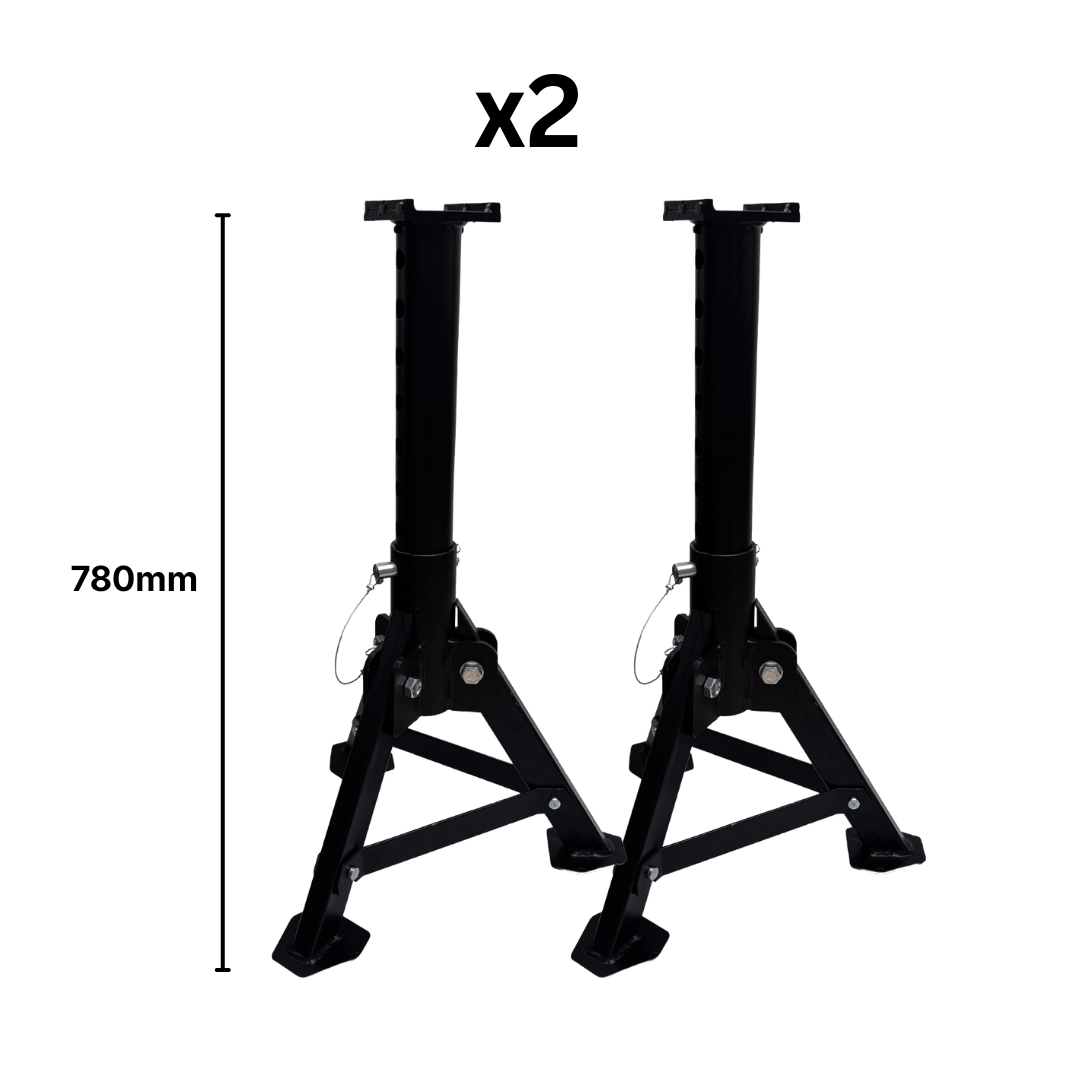 Two black jack stands with a measurement of 780mm on a white background
